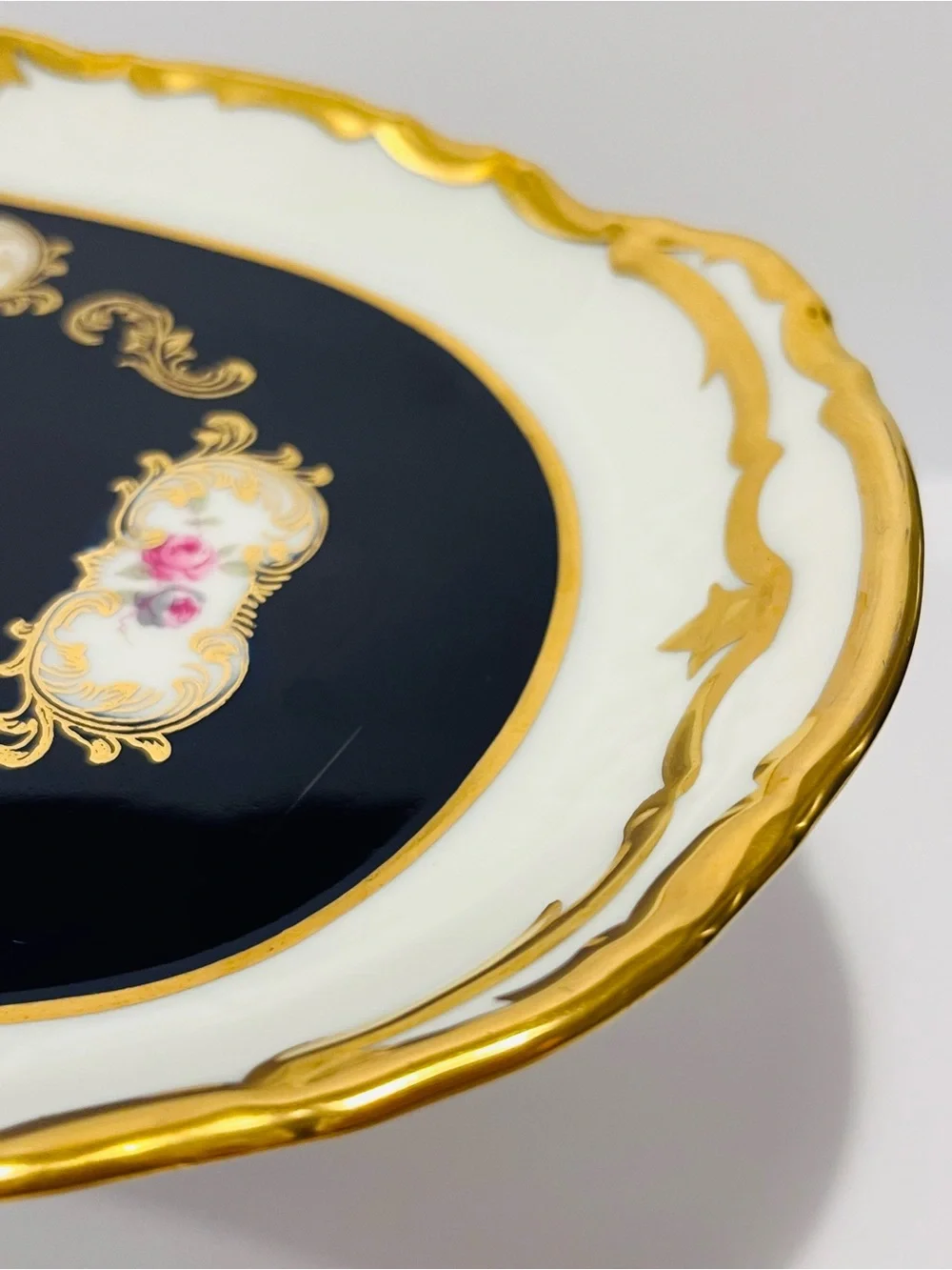 Vtg REICHENBACH Germany Echted Cobalt Baroque & 24K Gold Trim Pedestal Tray